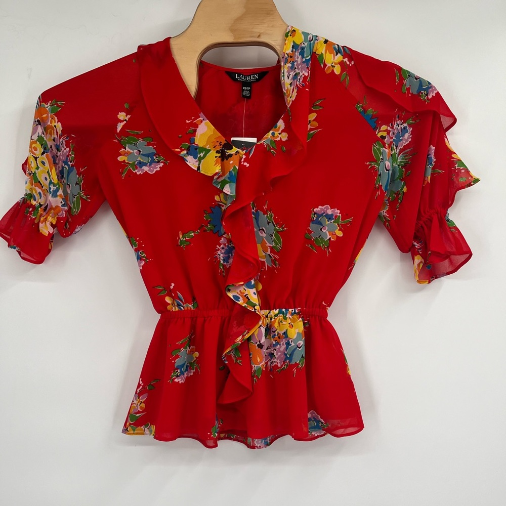 LAUREN‎ RALPH LAUREN Red Floral Peplum Top Stretch NWT XS